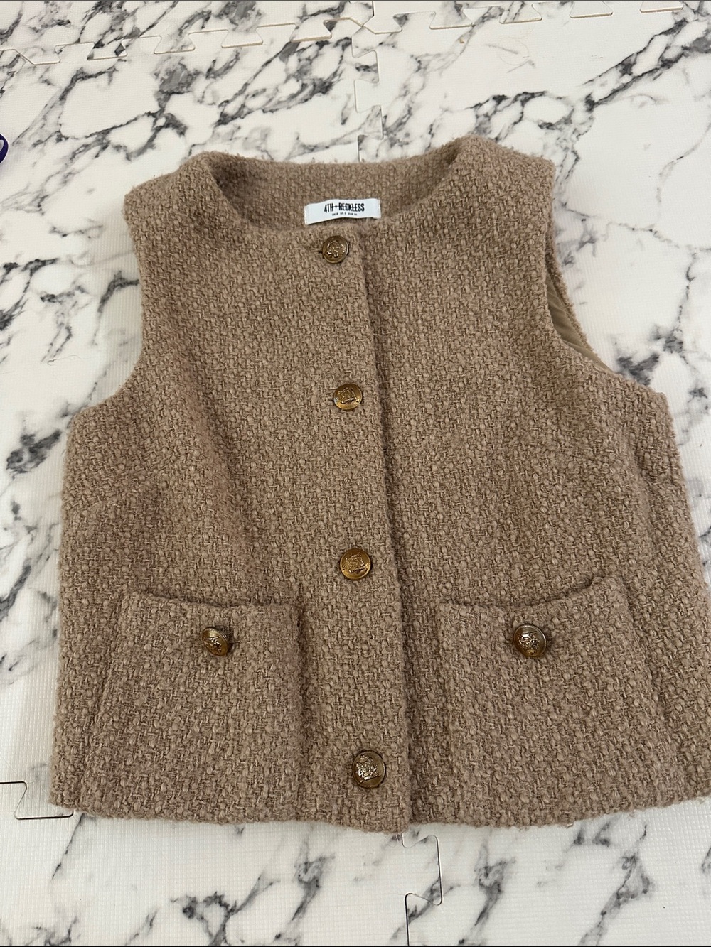 Off-Kilter Bouclé Button-Front Vest in Tan